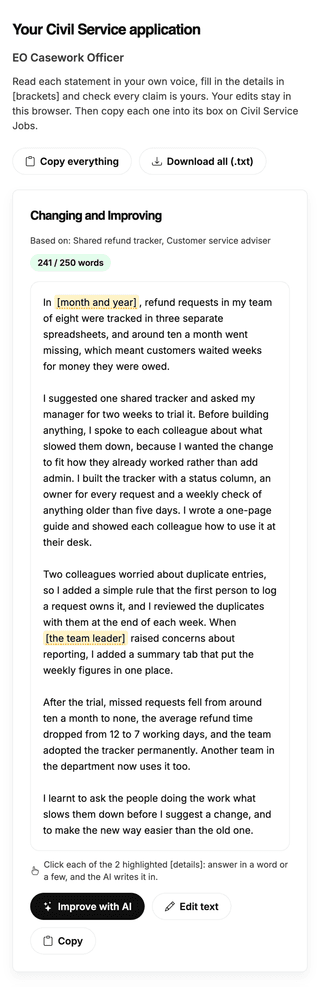 A finished application: each statement with its word count against the limit, highlighted [details] to fill in, and buttons to improve it with the AI, copy it or download everything