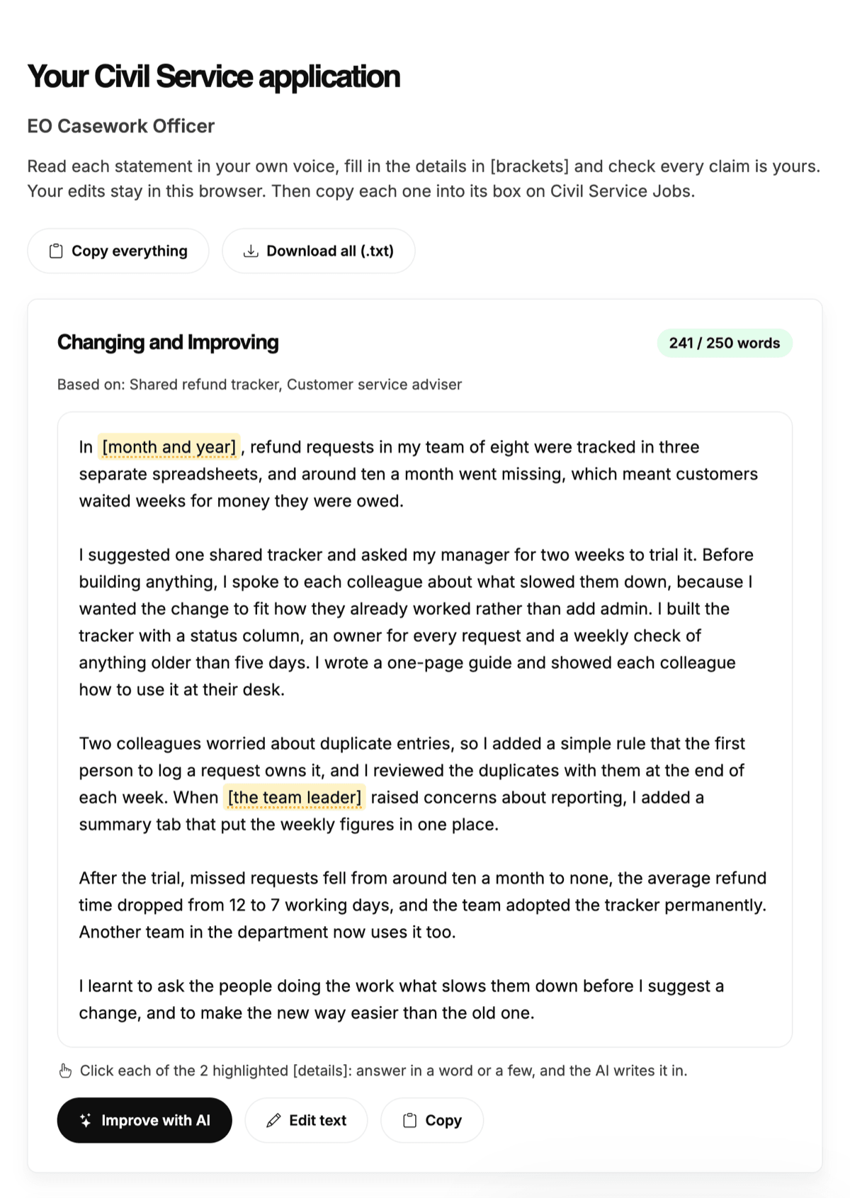 A finished application: each statement with its word count against the limit, highlighted [details] to fill in, and buttons to improve it with the AI, copy it or download everything