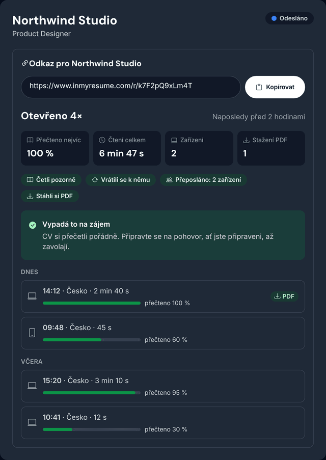 Přehled otevření odkazu na CV: počet otevření, doba čtení, zařízení a doporučený další krok